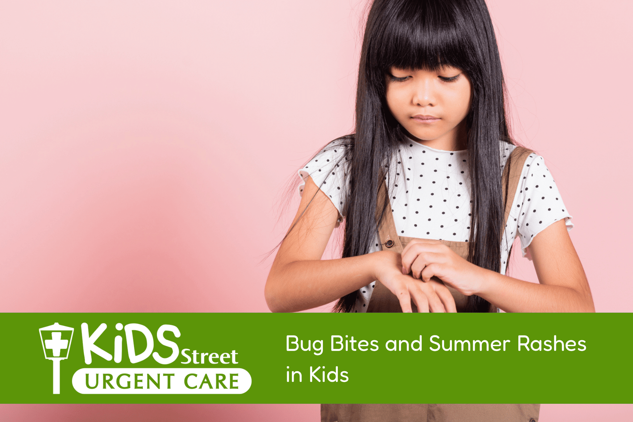 Little girl scratching her hand as featured image for bug bites and rashes in kids.