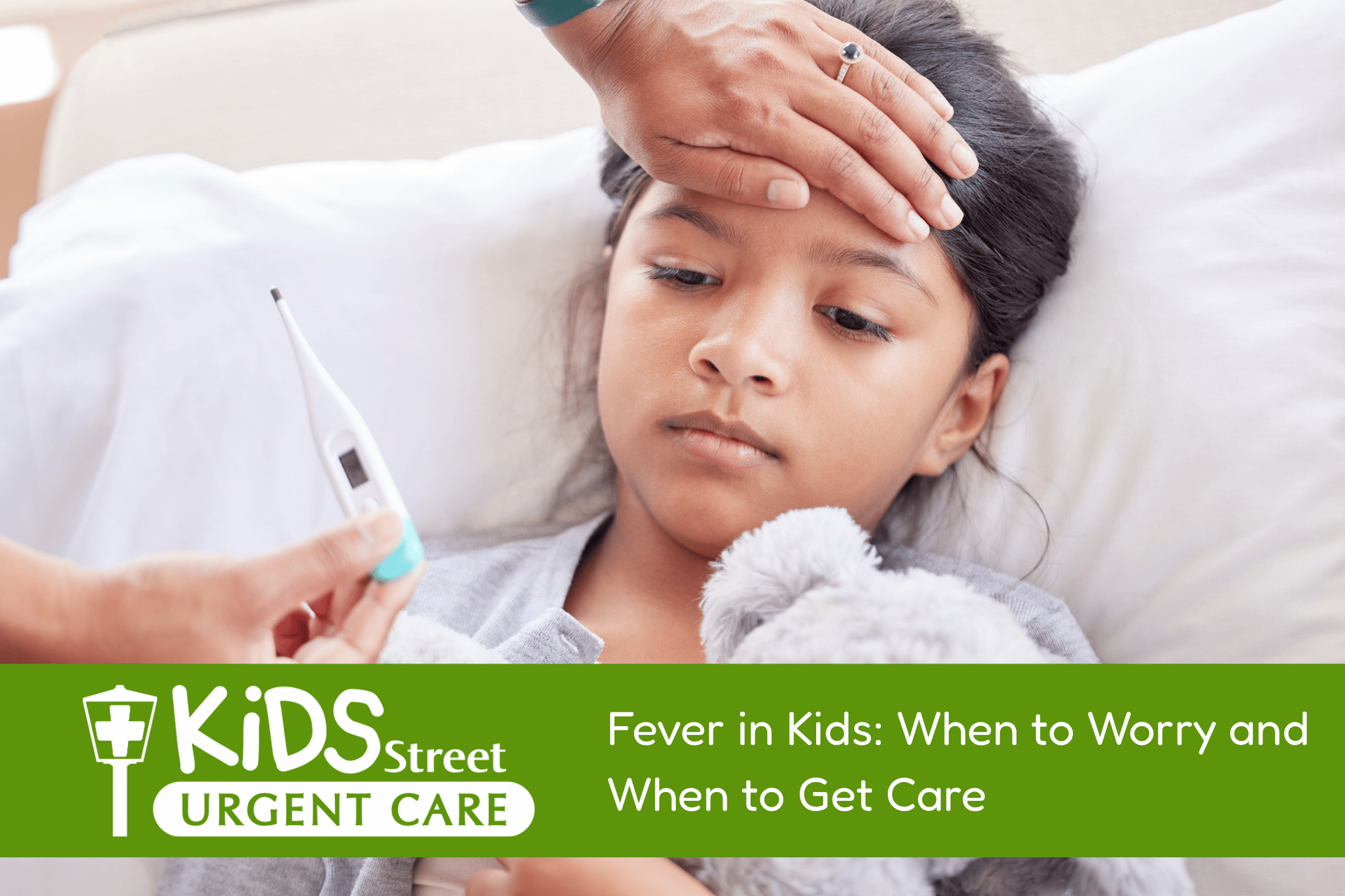 Fever in Kids When To Seek Care Little girl having her temperature checked by her mom. Featured blog image for our Fever in Kids: When to Worry and When to Get Care blog post