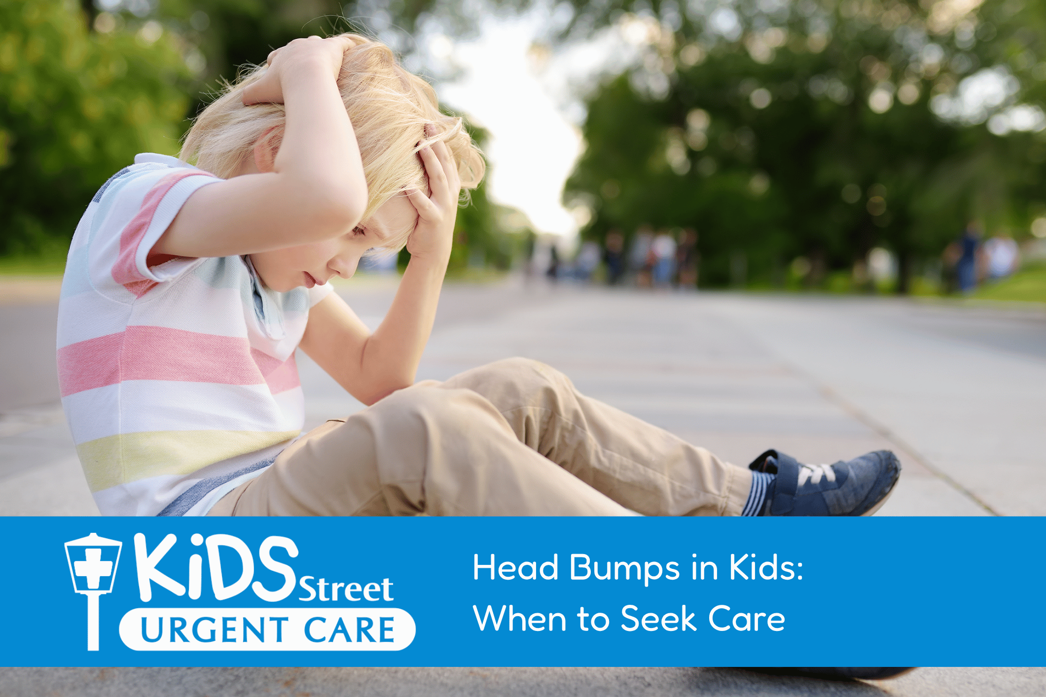 Head Bumps in Kids When to Seek Care Little boy holding his head. Featured image for Head Bumps in Kids: When to Seek Care blog.