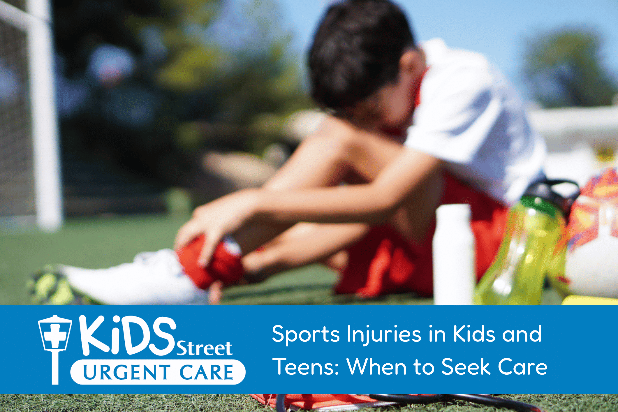 Little boy with sports injury on a field. Featured image for Sports Injuries in Kids and Teens: When to Seek Care blog post.