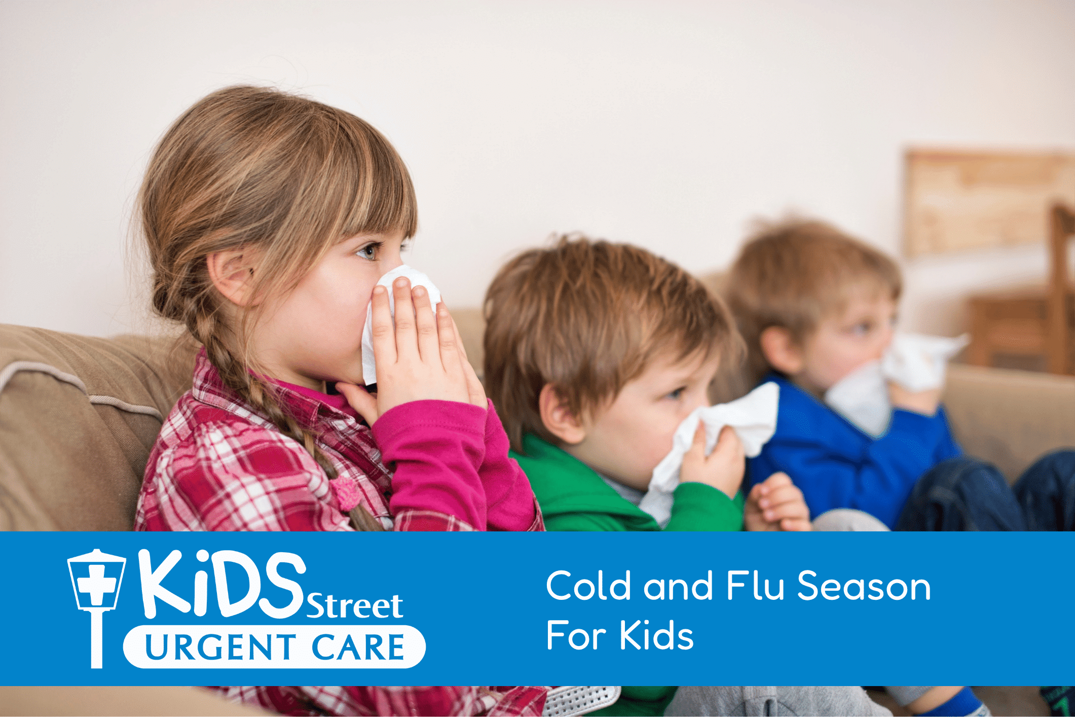 Three kids on the couch sneezing. Featured image for cold and flu season for kids blog post.