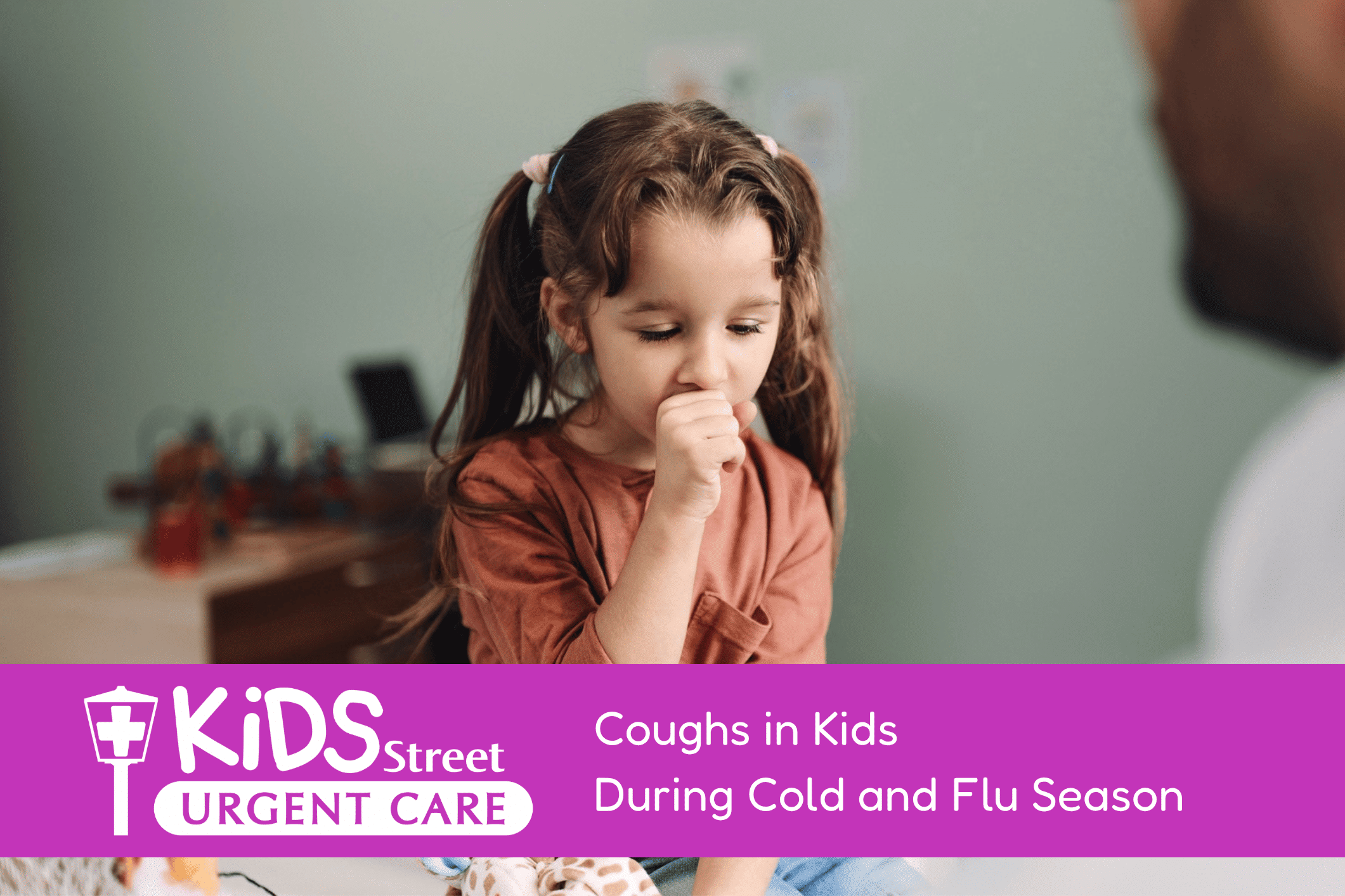 Little girl in an orange shirt coughing at the doctor. Featured image for Coughs in Kids During Cold and Flu Season blog post.